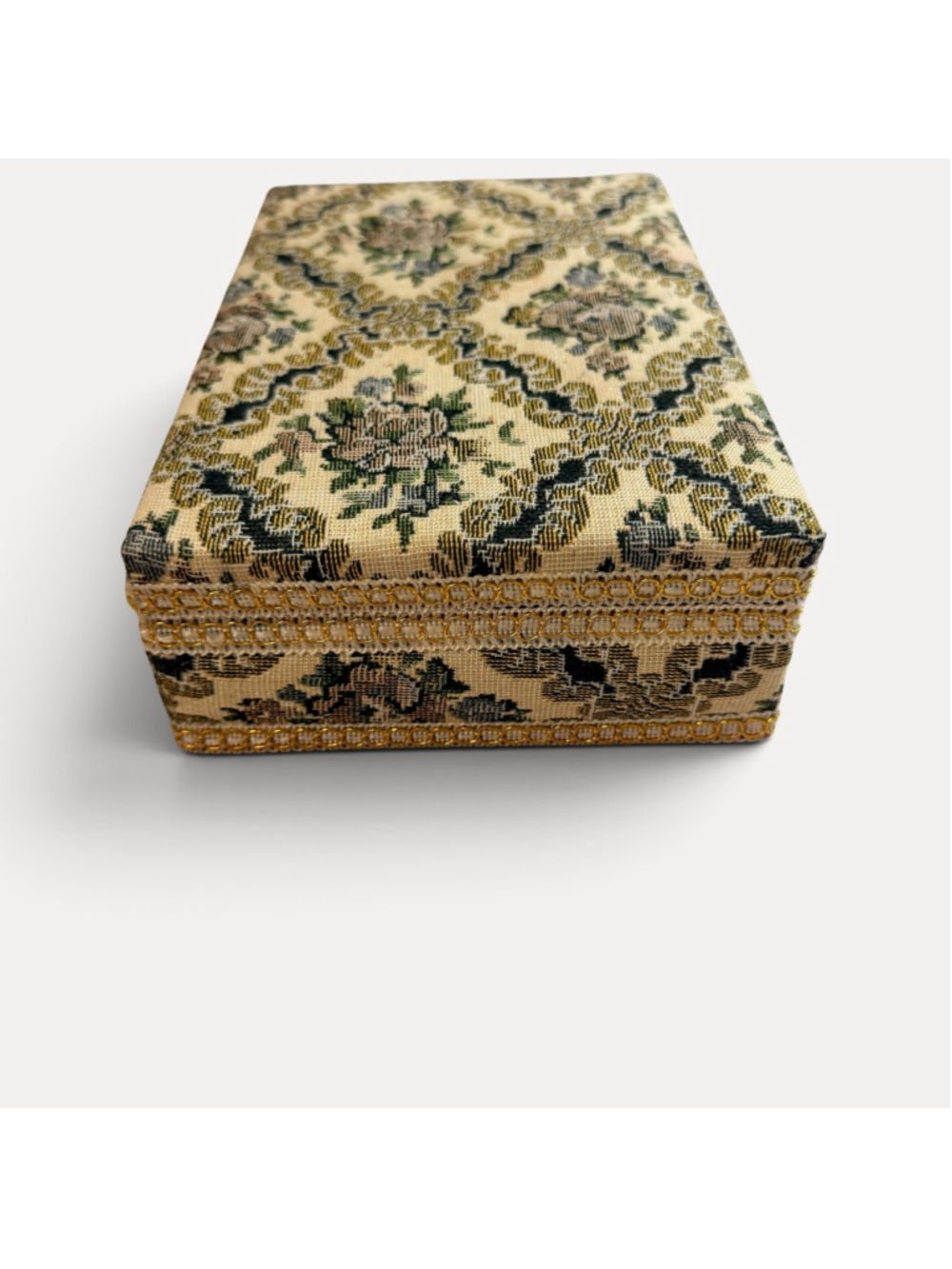 Vintage Floral Tapestry Jewelry Box Red Velvet Interior Mirror Gold Trim - Picture 11 of 16